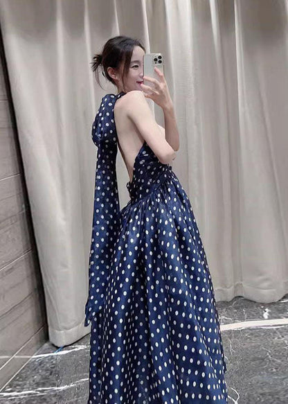 Art Navy Blue Dot Print a Line Dresses Summer
