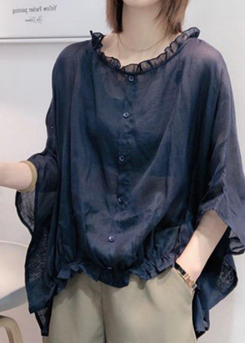 Art Checkered Pumpkin Tops Ruffles Trim Half Sleeve Shirts Blouse