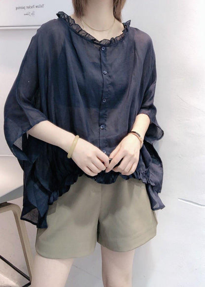 Summer Red Tops Ruffles Trim Half Sleeve Shirts Blouse