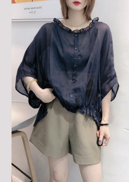 Art Yellow Tops Ruffles Trim Half Sleeve Shirts Blouse