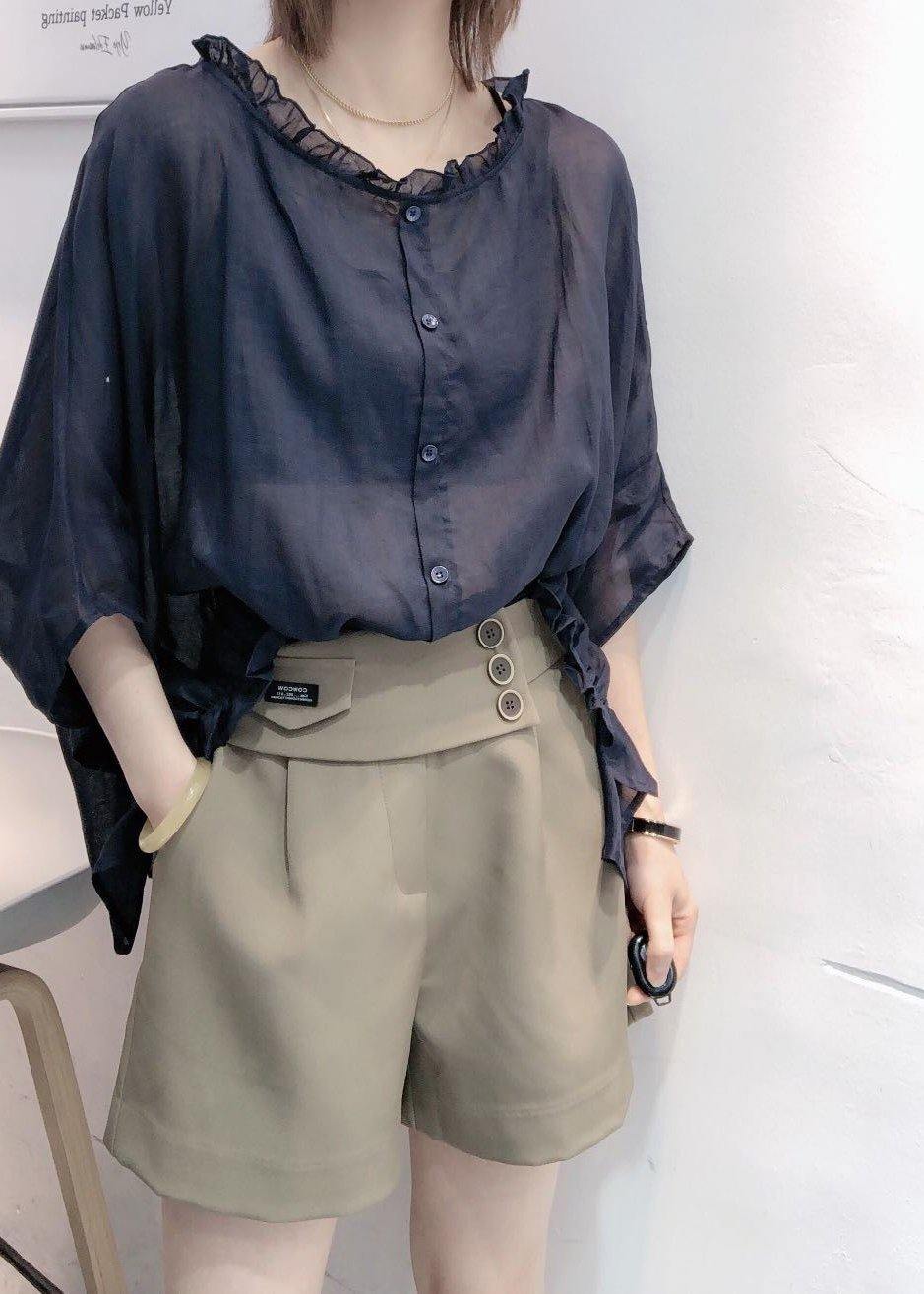 Art Navy Tops Ruffles Trim Half Sleeve Shirts Blouse
