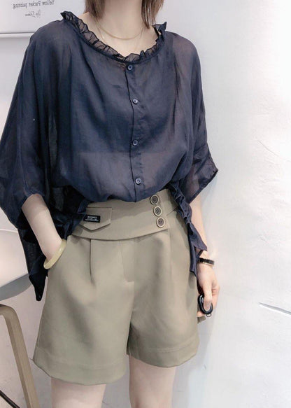 Art Green Print Tops Ruffles Trim Half Sleeve Shirts Blouse