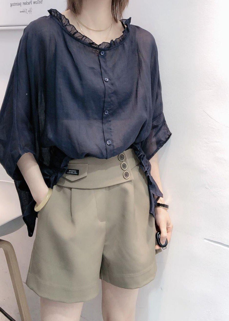 Art Green Print Tops Ruffles Trim Half Sleeve Shirts Blouse