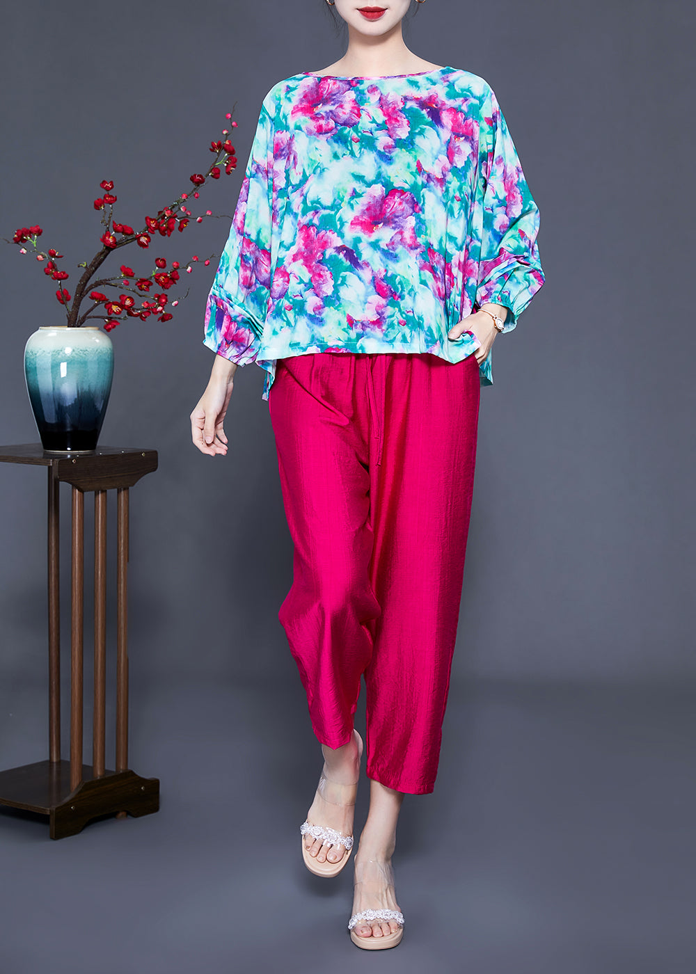 Art O-neck Oversized Print Tops and Pants Two Pieces Set Batwing Sleeve