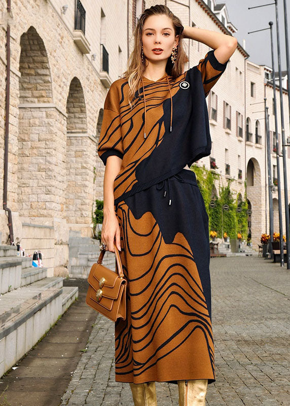 Art Orange Print Wool Knit Hooded Top and Skirts Two Pieces Set Fall