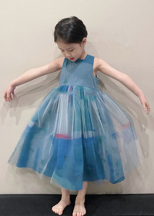 Art Peacock Blue O Neck Wrinkled Patchwork Tulle Kids Long Dress Sleeveless
