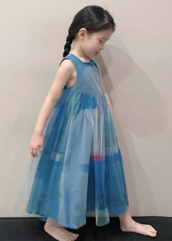 Art Peacock Blue O Neck Wrinkled Patchwork Tulle Kids Long Dress Sleeveless
