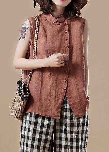 Art Peter Pan Collar Sleeveless Cotton Tunic Pattern Sleeve Brown Knee Blouses Summer