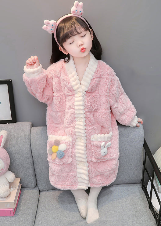 Art Pink Button Patchwork Fluffy Pajamas Dress Long Sleeve