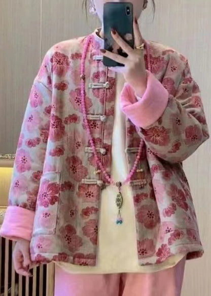 Art Pink Chinese Button Print Pockets Fine Cotton Coat Spring