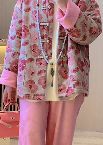 Art Pink Chinese Button Print Pockets Fine Cotton Coat Spring