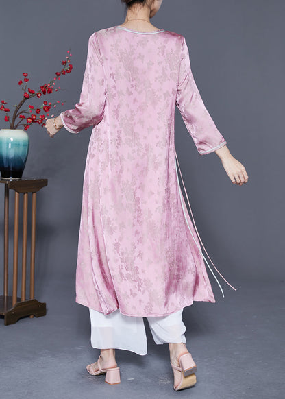 Art Pink Jacquard Side Open Lace Up Silk Oriental Long Dresses Summer