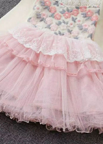 Art Pink O-neck Lace Patchwork Tulle Maxi Dresses Fall