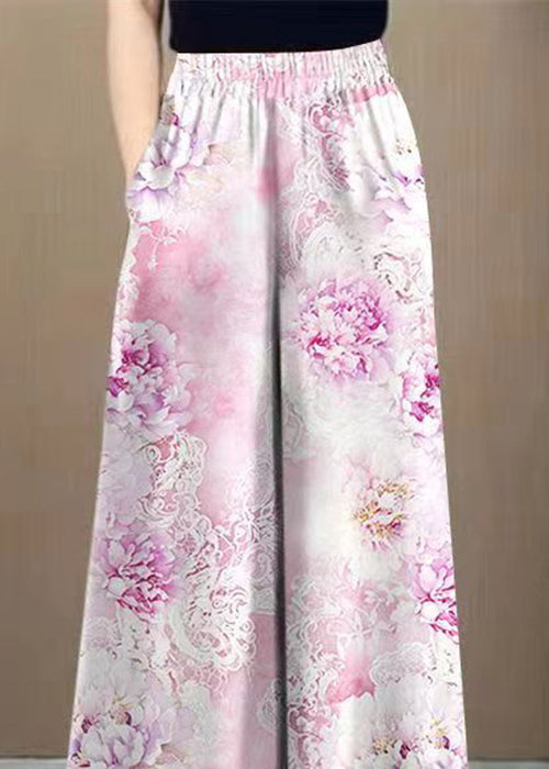 Art Pink Pockets High Waist Silk Wide Leg Pants Summer