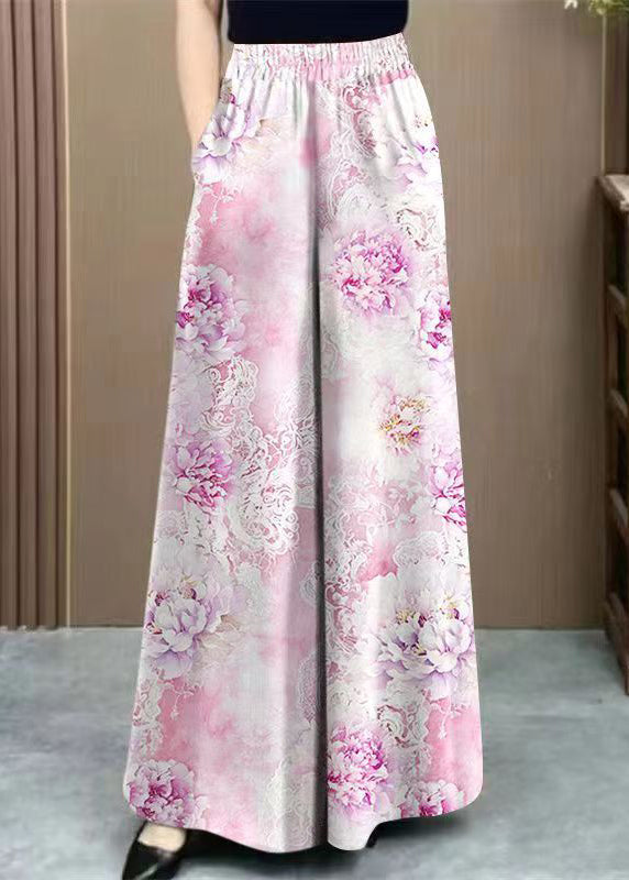 Art Pink Pockets High Waist Silk Wide Leg Pants Summer