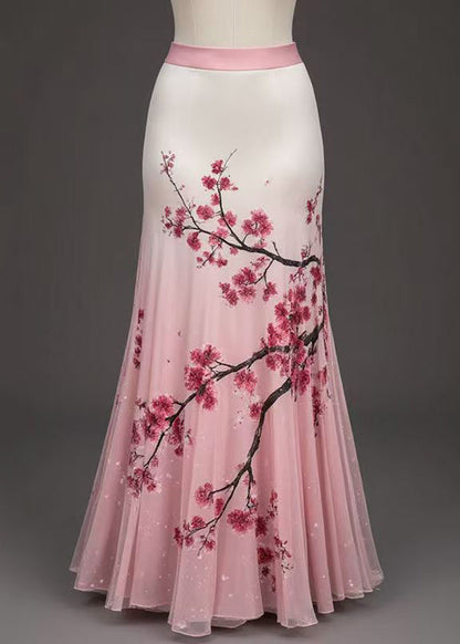 Art Pink Print High Waist Tulle Skirts Summer