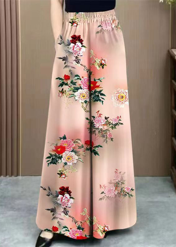 Art Pink Tie Dye Pockets Cotton Wide Leg Pants Elastic Waist