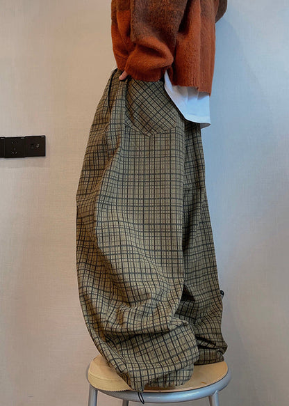 Art Plaid Pockets Drawstring Cotton Wide Leg Pants Fall
