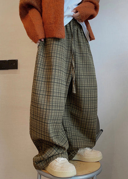 Art Plaid Pockets Drawstring Cotton Wide Leg Pants Fall