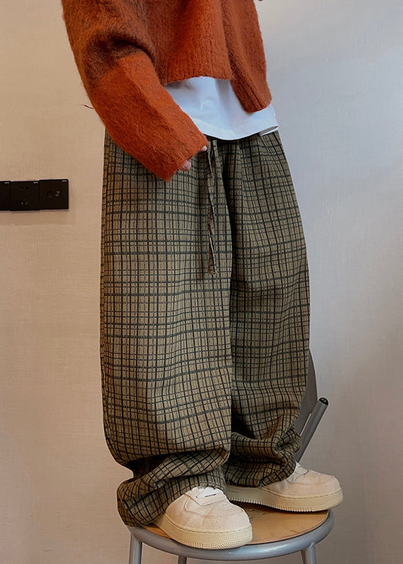 Art Plaid Pockets Drawstring Cotton Wide Leg Pants Fall