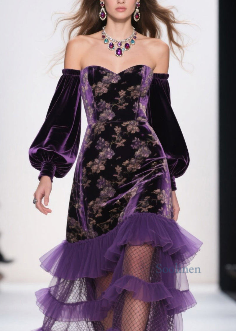 Art Purple Cold Shoulder Print Ruffled Velvet Dress Spring