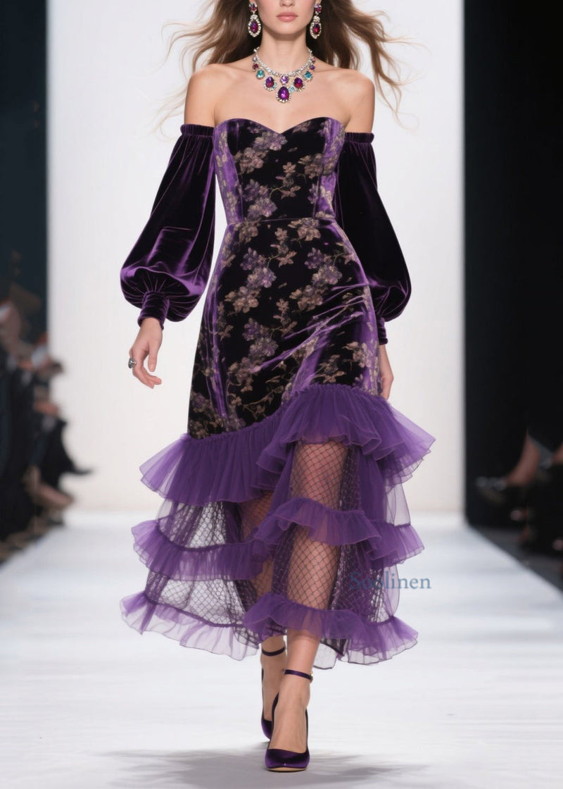 Art Purple Cold Shoulder Print Ruffled Velvet Dress Spring