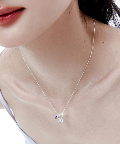 Art Purple Crystal Five Pointed Star Silver Pendant Necklace
