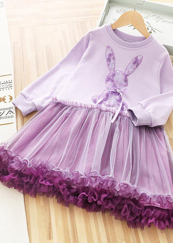 Art Purple O-neck Rabbit Print Patchwork Tulle Kids Long Dress Fall
