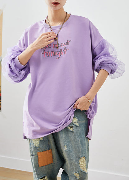 Art Purple Oversized Patchwork Cotton Pullover Streetwear Fall
