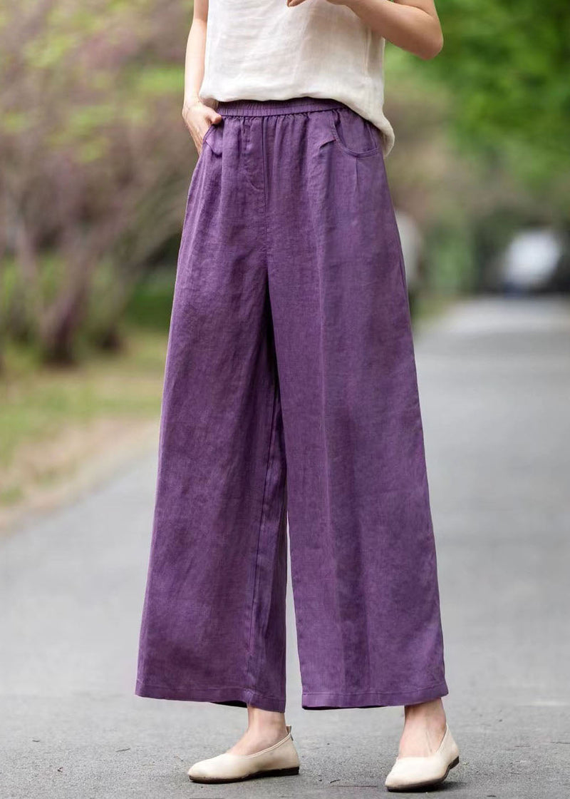 Art Purple Oversized Pockets Linen Straight Pants Summer