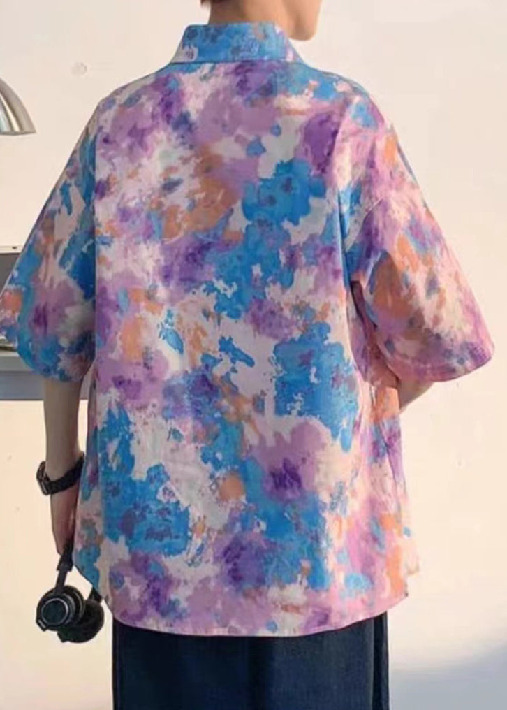 Art Purple Peter Pan Collar Print Shirts Short Sleeve