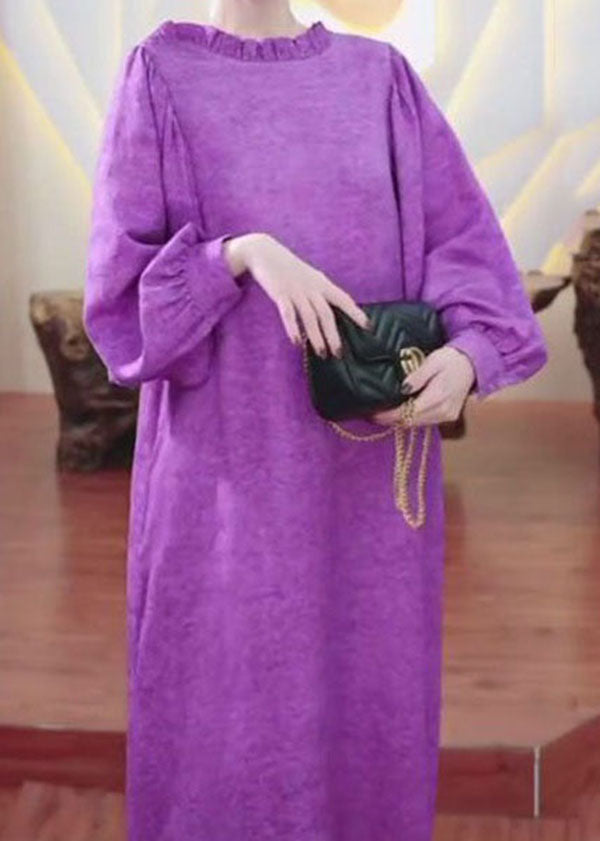 Art Purple Ruffled Patchwork Cotton Straight Dresses Long Sleeve