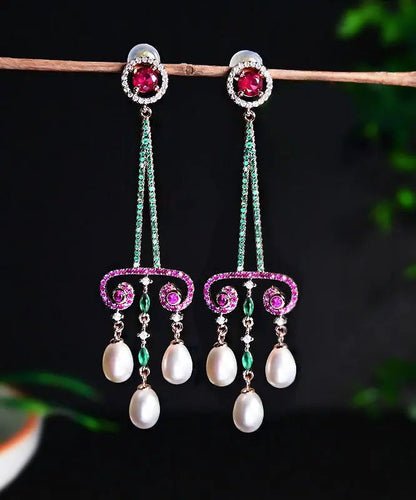Sterling Silver Pearl Zircon Water Drop Tassel Drop Earrings