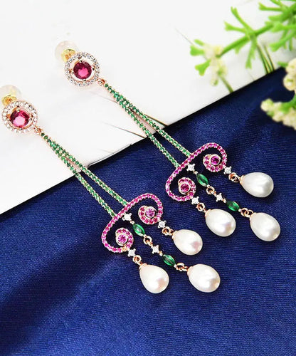 Sterling Silver Pearl Zircon Water Drop Tassel Drop Earrings