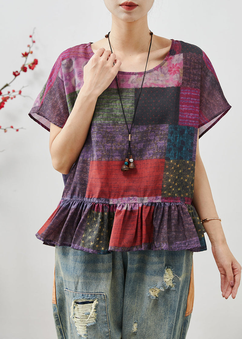 Art Purple Tie Dye Ruffles Cotton Shirt Top Summer
