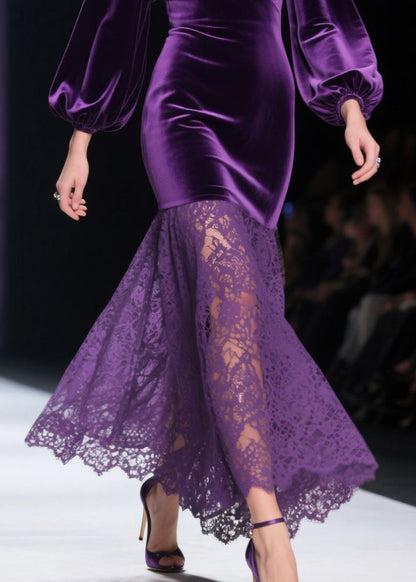 Art Purple V Neck Patchwork Lace Silk Velvet Wraped Dresses Spring