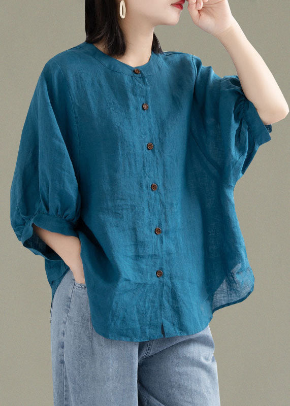 Art Print4 O-neck Button Linen Loose Shirt Top Lantern Sleeve