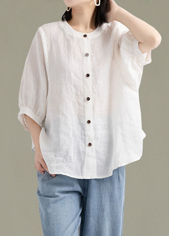 Art Print3 O-neck Button Linen Loose Shirt Top Lantern Sleeve