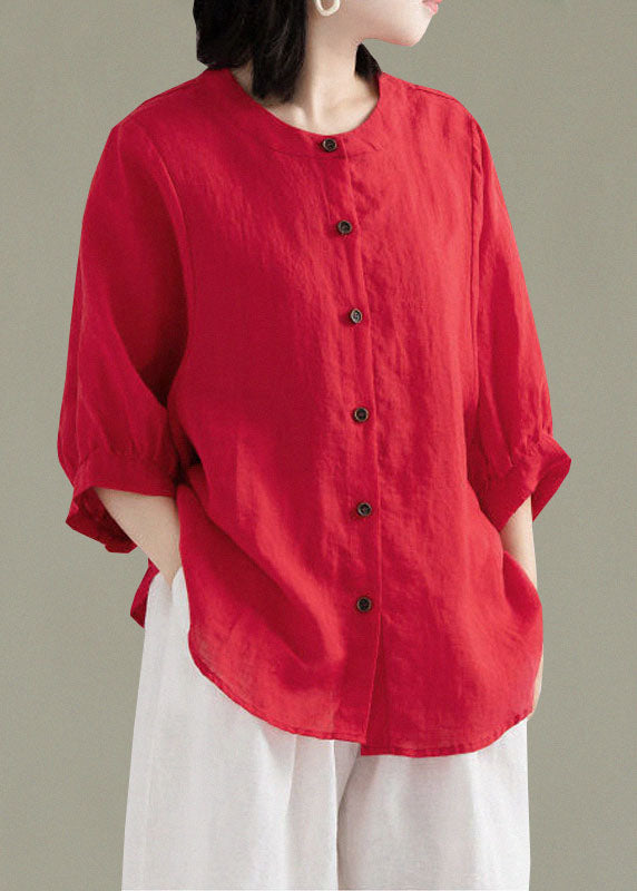 Art Print2 O-neck Button Linen Loose Shirt Top Lantern Sleeve