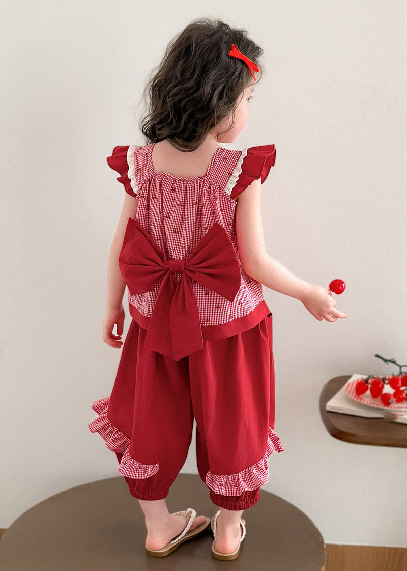 Art Red Plaid Patchwork Vest and Lantern Pants Two Piece Set Summer