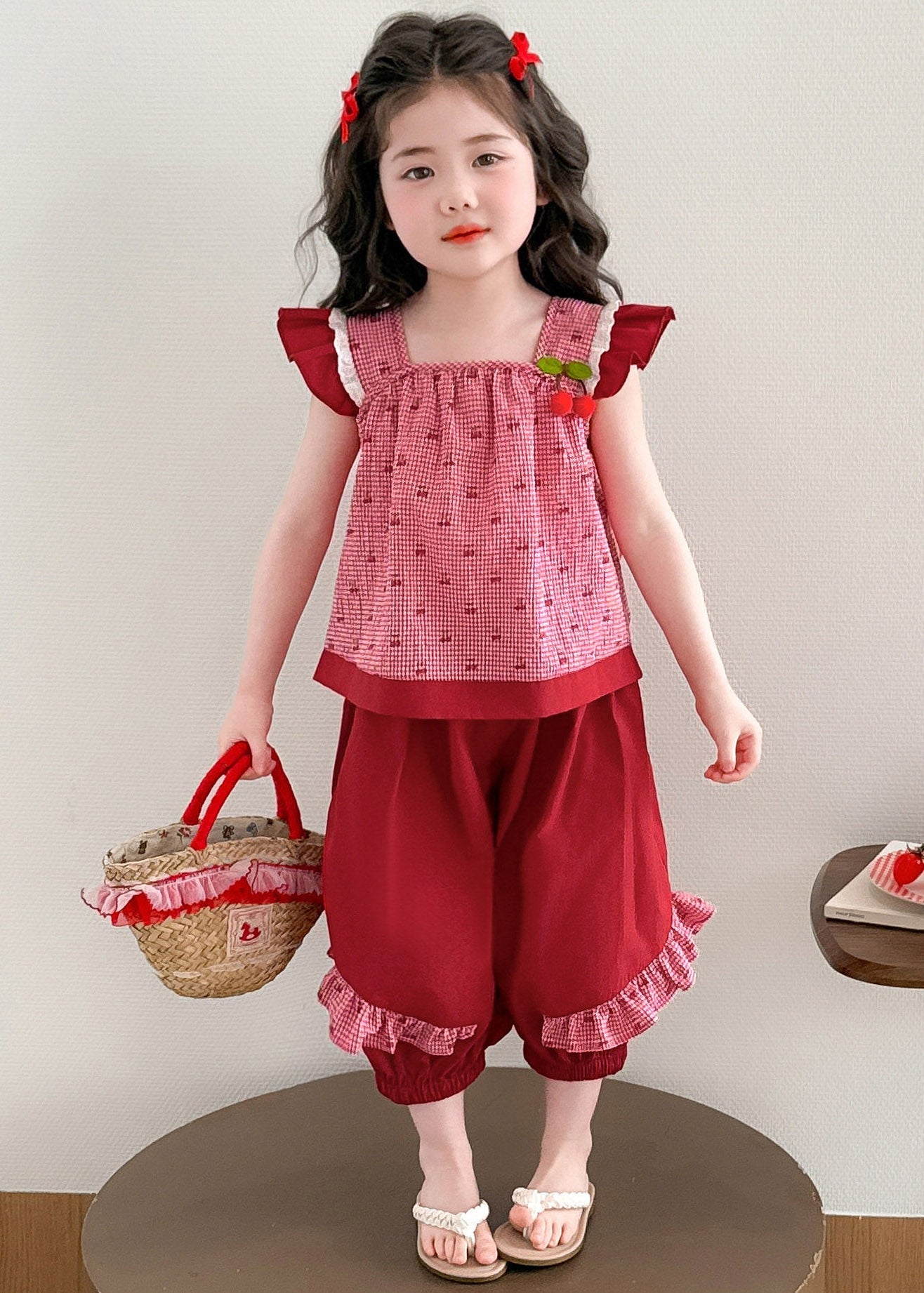 Art Red Plaid Patchwork Vest and Lantern Pants Two Piece Set Summer