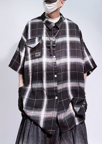 Art Red Plaid Pockets Oversized Cotton Shirts Half Sleeve