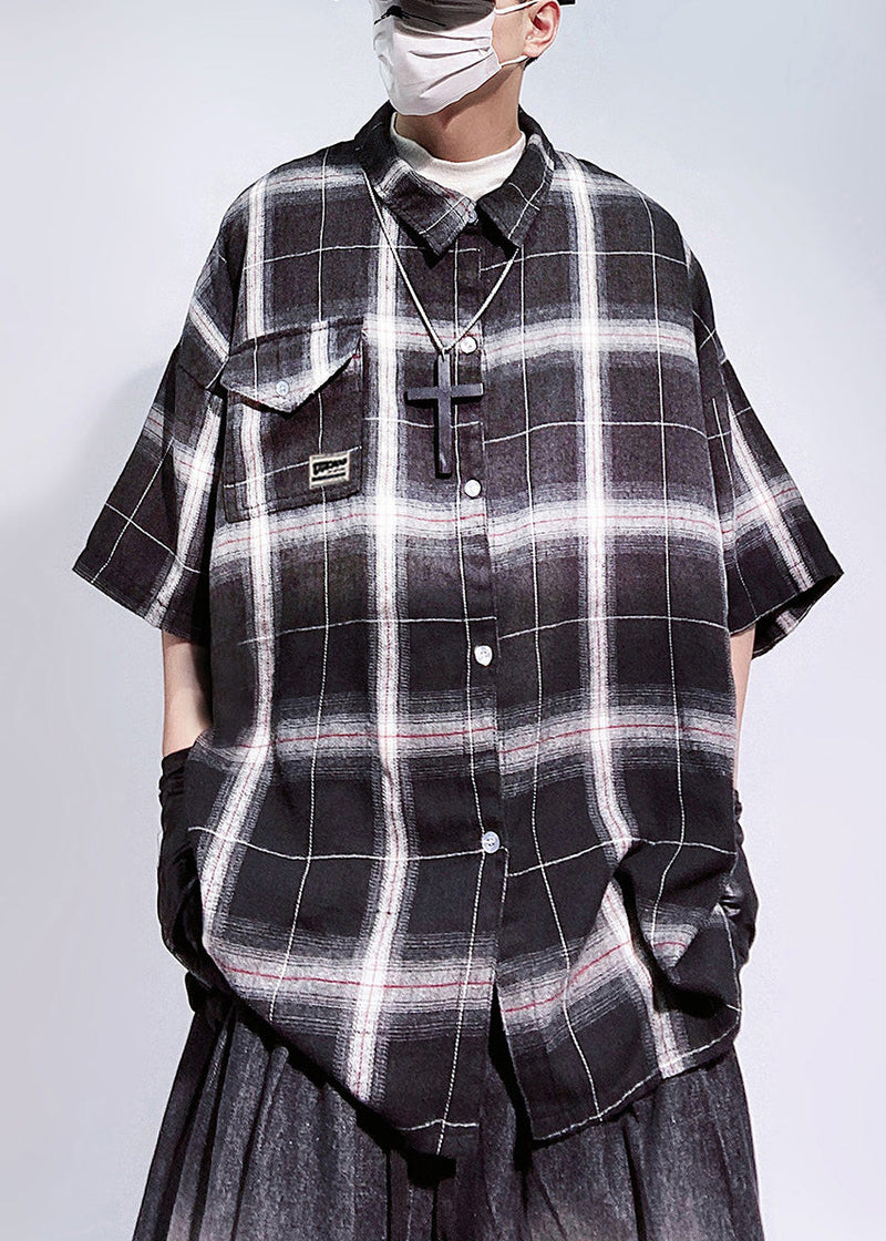 Art Red Plaid Pockets Oversized Cotton Shirts Half Sleeve