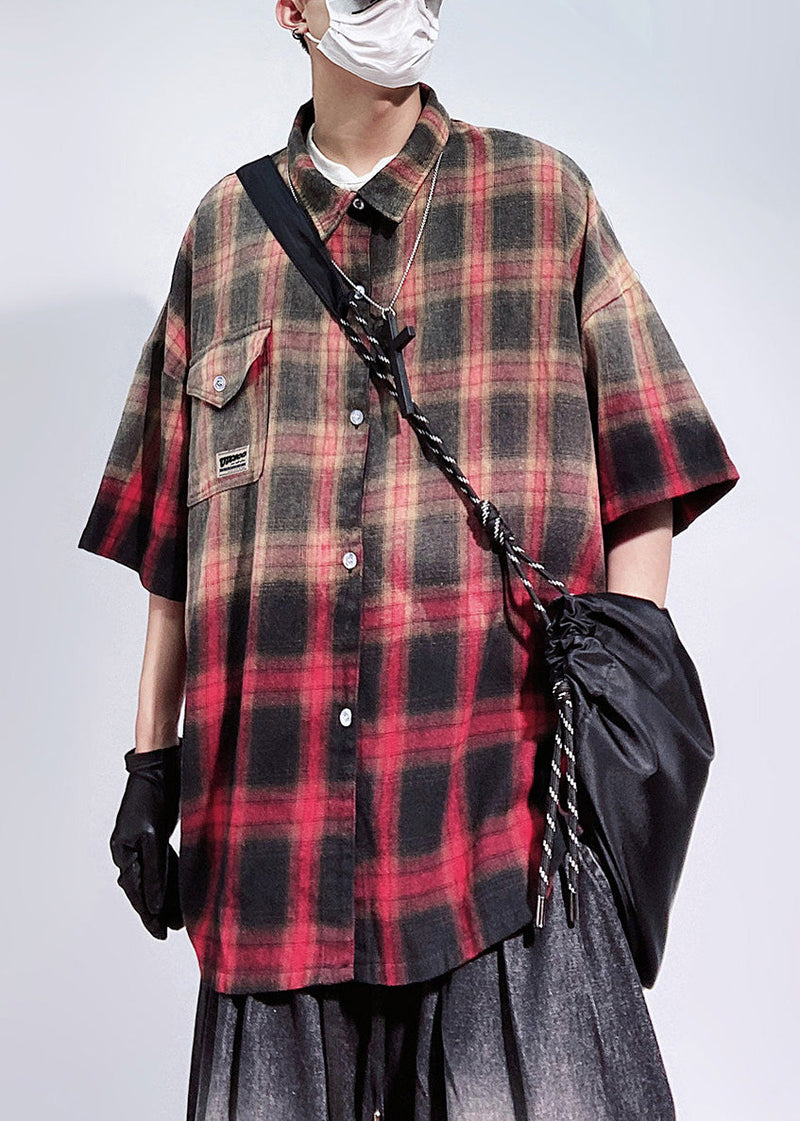Art Red Plaid Pockets Oversized Cotton Shirts Half Sleeve