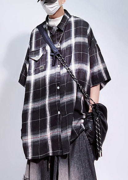 Art Red Plaid Pockets Oversized Cotton Shirts Half Sleeve