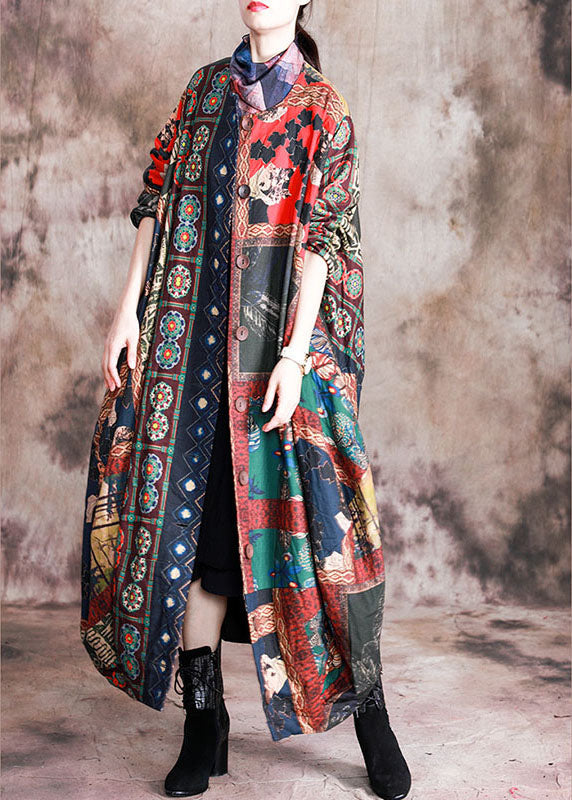 Art Red Print Button Patchwork Asymmetrical Design Fall Coats Long Sleeve