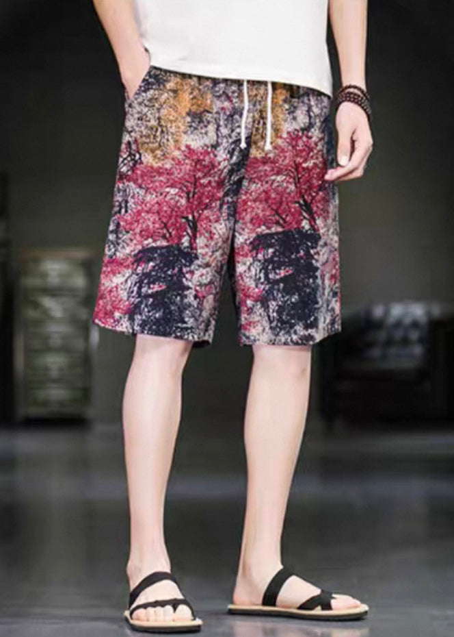 Art Red Print Elastic Waist Cotton Pants Summer