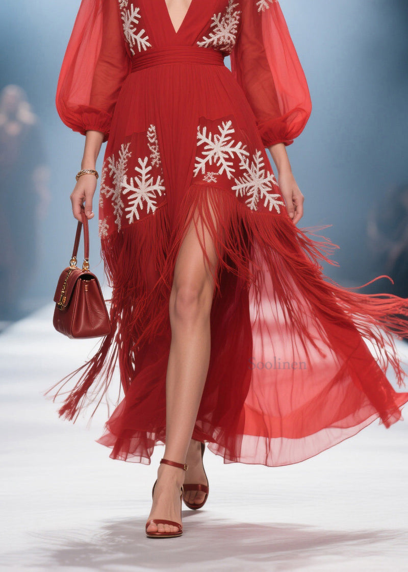 Art Red Print Tassel Patchwork Chiffon Holiday Dress Summer