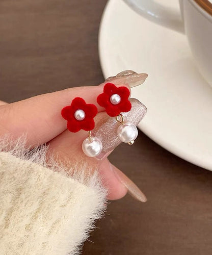 Art Red Silk Velvet Pearl Stud Earrings