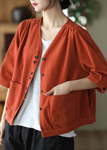 Art Red V Neck Button Pockets Color Cotton Coats Bracelet Sleeve